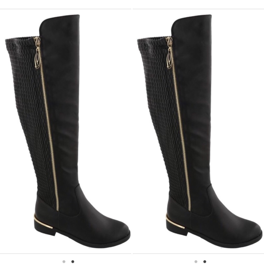 Over-the-Knee Black Riding Boots with Gold Zip